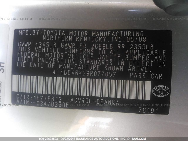 4T4BE46K39R077057 - 2009 TOYOTA CAMRY SE/LE/XLE SILVER photo 9