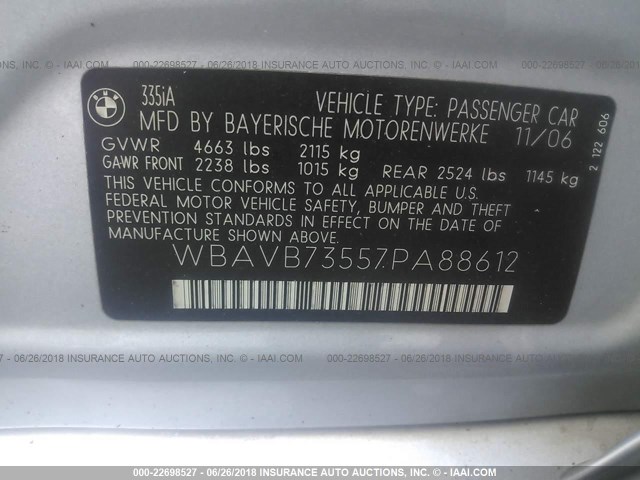 WBAVB73557PA88612 - 2007 BMW 335 I SILVER photo 9