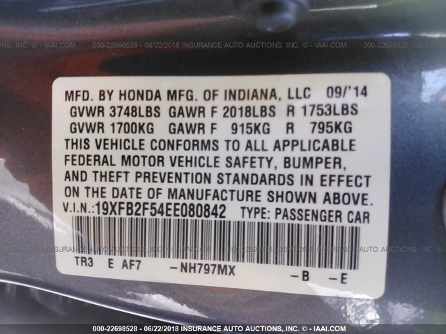 19XFB2F54EE080842 - 2014 HONDA CIVIC LX GRAY photo 9