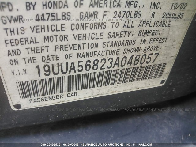 19UUA56823A048057 - 2003 ACURA 3.2TL TYPE-S GRAY photo 9