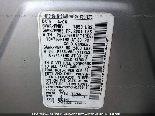 JN8AZ08TX4W216616 - 2004 NISSAN MURANO SL/SE SILVER photo 9