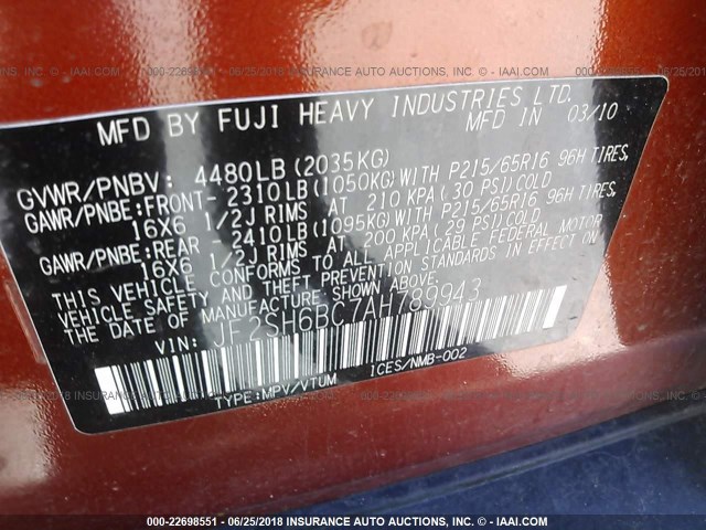 JF2SH6BC7AH789943 - 2010 SUBARU FORESTER XS Қызыл фото 9