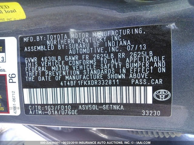 4T4BF1FKXDR332811 - 2013 TOYOTA CAMRY L/SE/LE/XLE 灰色 照片 9