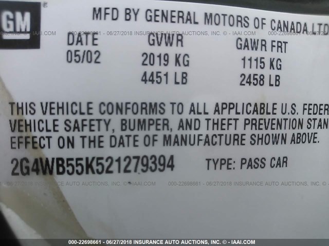 2G4WB55K521279394 - 2002 BUICK REGAL LS 绿色 照片 9