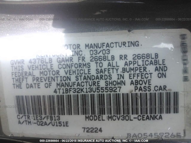 4T1BF32K13U555927 - 2003 TOYOTA CAMRY LE/XLE/SE ნაცრისფერი ფოტო 9