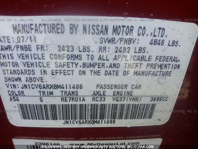 JN1CV6ARXBM411466 - 2011 INFINITI G37 RED photo 9