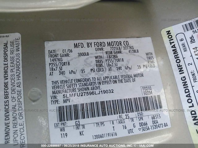 5LMFU27596LJ19032 - 2006 LINCOLN NAVIGATOR GOLD photo 9