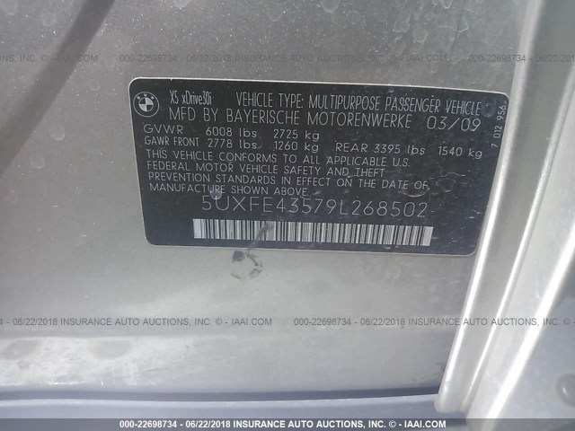 5UXFE43579L268502 - 2009 BMW X5 XDRIVE30I Շամպայն լուսանկար 9