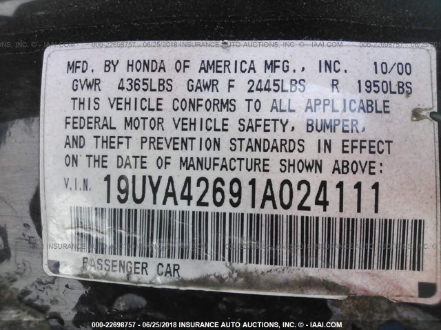 19UYA42691A024111 - 2001 ACURA 3.2CL TYPE-S BLACK photo 9