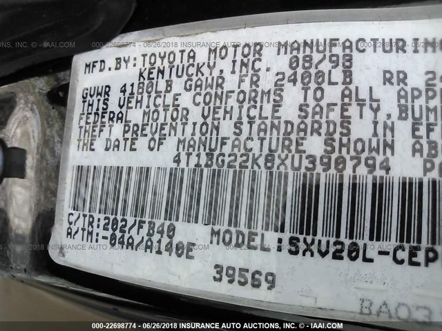 4T1BG22K8XU390794 - 1999 TOYOTA CAMRY CE/LE/XLE BLACK photo 9