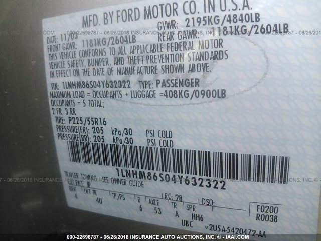 1LNHM86S04Y632322 - 2004 LINCOLN LS 灰色 照片 9