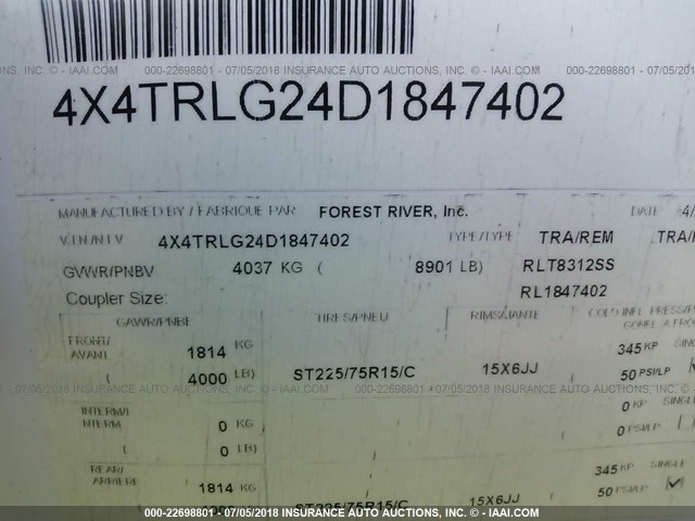 4X4TRLG24D1847402 - 2013 FOREST RIVER OTHER  白色 照片 9