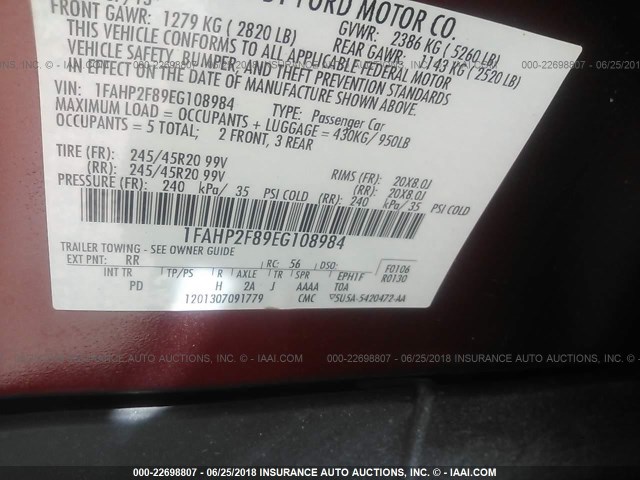 1FAHP2F89EG108984 - 2014 FORD TAURUS LIMITED RED photo 9