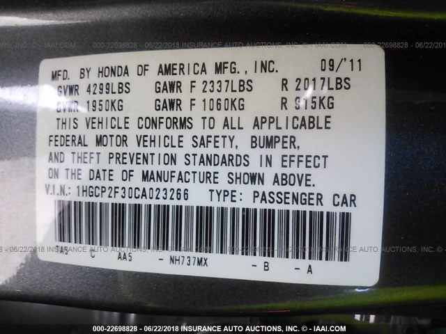 1HGCP2F30CA023266 - 2012 HONDA ACCORD LX Pewter photo 9