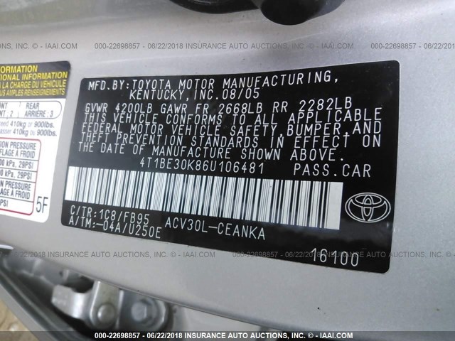 4T1BE30K86U106481 - 2006 TOYOTA CAMRY LE/XLE/SE Gümüş foto 9