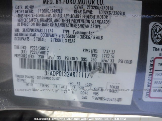 3FADP0L32AR111174 - 2010 FORD FUSION HYBRID GRAY photo 9