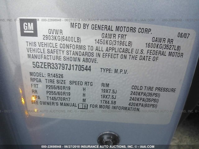 5GZER33797J170544 - 2007 SATURN OUTLOOK SPECIAL ღია ლურჯი ფოტო 9