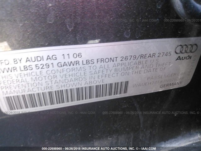 WAUEH74F87N076288 - 2007 AUDI A6 S-LINE QUATTRO GRAY photo 9