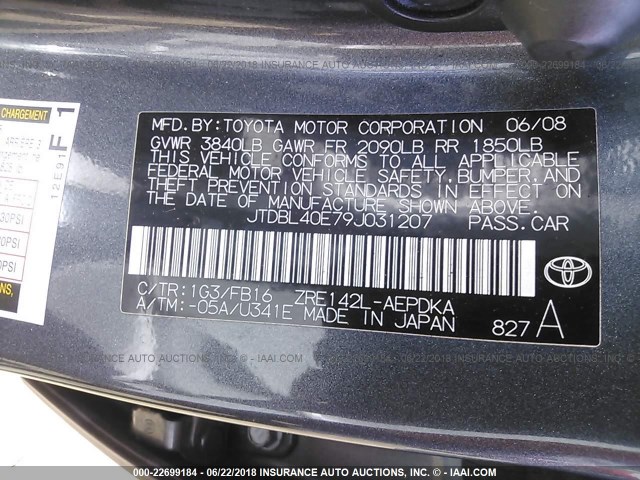 JTDBL40E79J031207 - 2009 TOYOTA COROLLA LE/XLE BLACK photo 9
