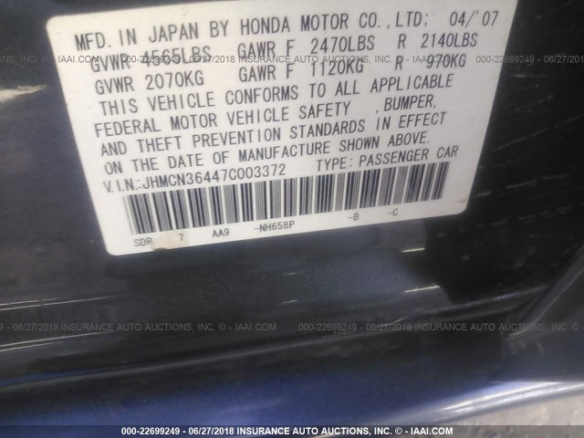 JHMCN36447C003372 - 2007 HONDA ACCORD HYBRID BLUE photo 9