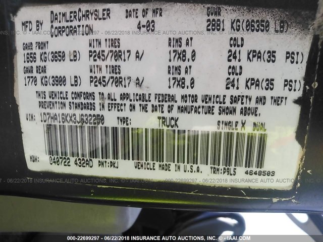 1D7HA16KX3J632250 - 2003 DODGE RAM 1500 ST BLACK photo 9