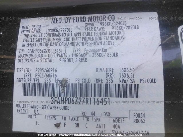 3FAHP06Z27R116451 - 2007 FORD FUSION S BLACK photo 9