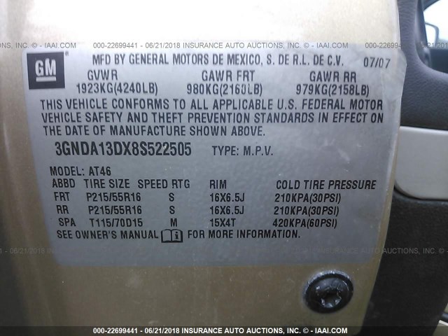 3GNDA13DX8S522505 - 2008 CHEVROLET HHR LS Dorado foto 9