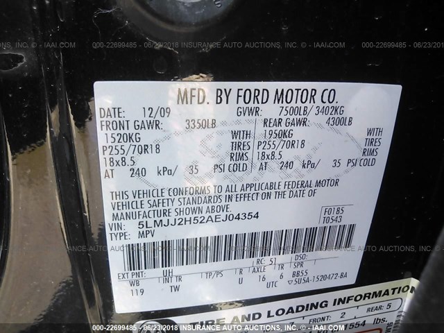 5LMJJ2H52AEJ04354 - 2010 LINCOLN NAVIGATOR 黑色 照片 9