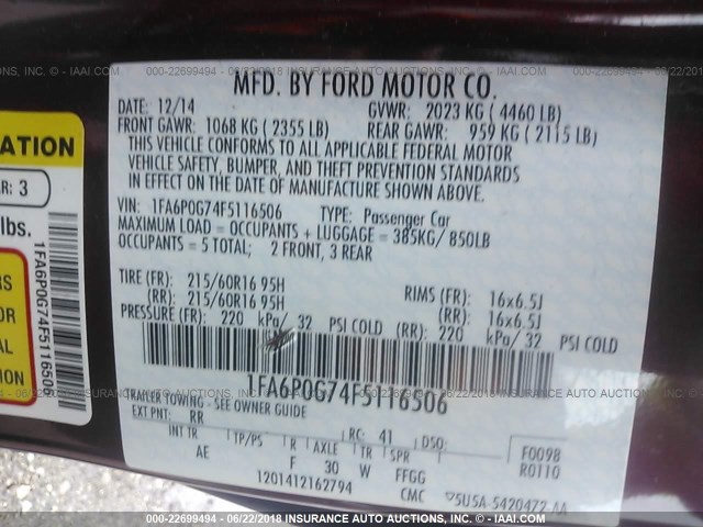 1FA6P0G74F5116506 - 2015 FORD FUSION S RED photo 9