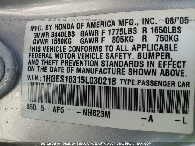 1HGES16315L030218 - 2005 HONDA CIVIC DX VP SILVER photo 9