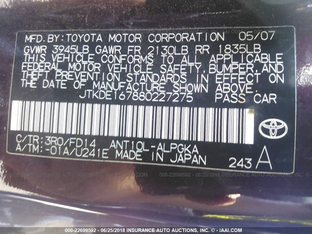 JTKDE167880227275 - 2008 TOYOTA SCION TC 紫色 照片 9