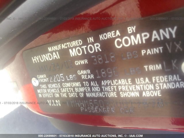 KMHHM65D33U017678 - 2003 HYUNDAI TIBURON RED photo 9