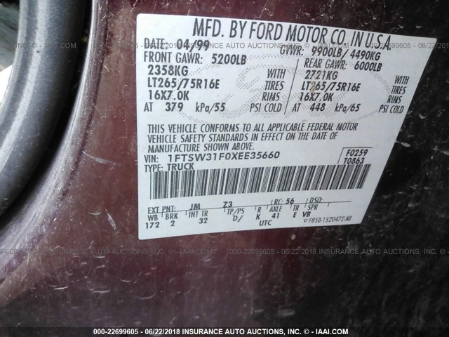 1FTSW31F0XEE35660 - 1999 FORD F350 SRW SUPER DUTY MAROON photo 9