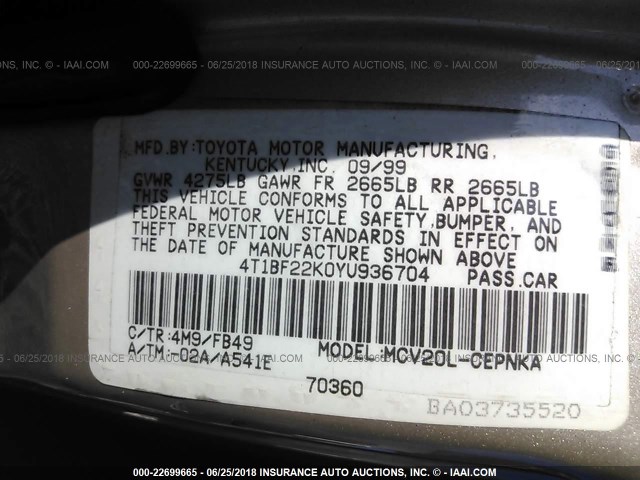 4T1BF22K0YU936704 - 2000 TOYOTA CAMRY LE/XLE GOLD photo 9