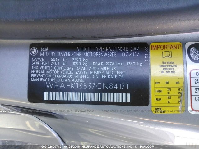WBAEK13537CN84171 - 2007 BMW 650 I GRAY photo 9