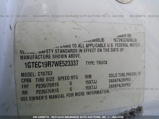 1GTEC19R7WE523337 - 1998 GMC SIERRA C1500 WHITE photo 9