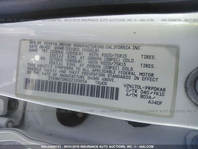 5TEHN72N52Z109854 - 2002 TOYOTA TACOMA DOUBLE CAB 白色 照片 9