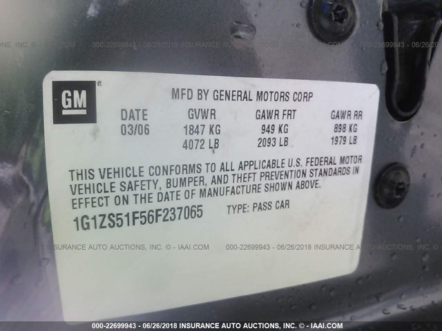 1G1ZS51F56F237065 - 2006 CHEVROLET MALIBU LS 灰色 照片 9