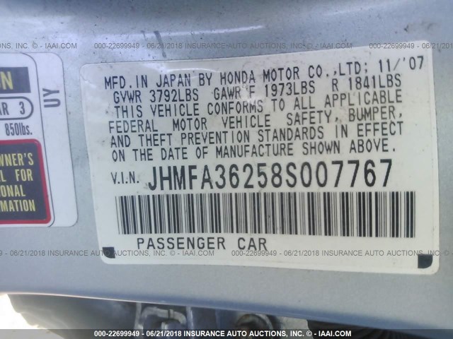 JHMFA36258S007767 - 2008 HONDA CIVIC HYBRID BLUE photo 9