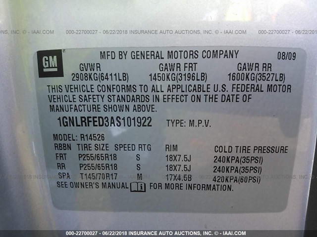 1GNLRFED3AS101922 - 2010 CHEVROLET TRAVERSE LT SILVER photo 9