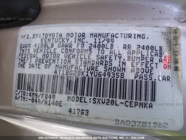 4T1BG28K1YU649358 - 2000 TOYOTA CAMRY CE/LE/XLE 米色 照片 9