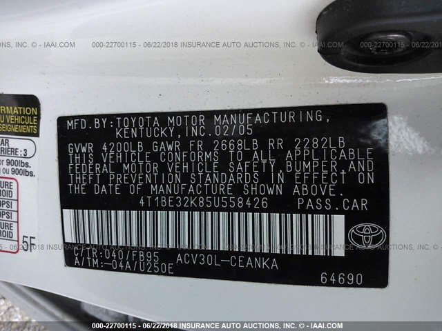 4T1BE32K85U558426 - 2005 TOYOTA CAMRY LE/XLE/SE 白色 照片 9