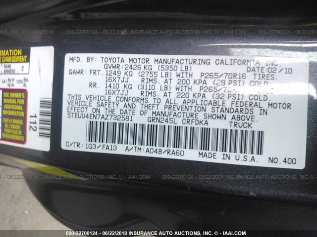 5TEUU4EN7AZ732581 - 2010 TOYOTA TACOMA ACCESS CAB Сұр фото 9
