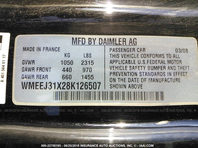 WMEEJ31X28K126507 - 2008 SMART FORTWO PURE/PASSION RED photo 9