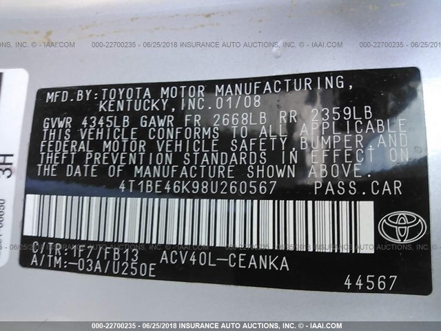 4T1BE46K98U260567 - 2008 TOYOTA CAMRY CE/LE/XLE/SE SILVER photo 9