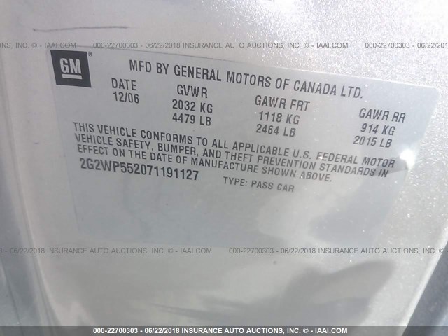 2G2WP552071191127 - 2007 PONTIAC GRAND PRIX SILVER photo 9