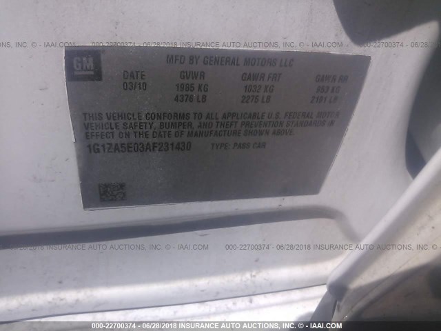 1G1ZA5E03AF231430 - 2010 CHEVROLET MALIBU LS 白色 照片 9