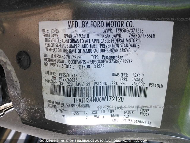 1FAFP34N06W172120 - 2006 FORD FOCUS ZX4 GRAY photo 9