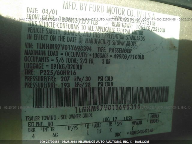 1LNHM97V01Y698394 - 2001 LINCOLN CONTINENTAL  Brązowy zdjęcie 9