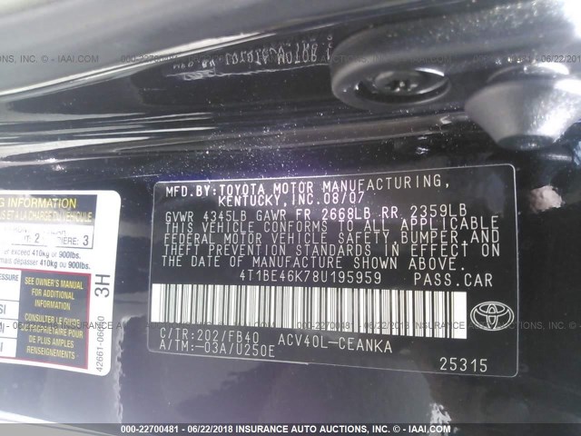 4T1BE46K78U195959 - 2008 TOYOTA CAMRY CE/LE/XLE/SE BLACK photo 9